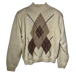 Vintage 90’s Lambswool Blend Metallic Gold Argyle Sweater Retro Classic Size S